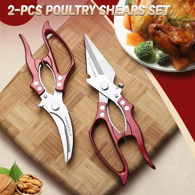 Freelander Kitchen Scissors Set Red - All Purpose Heavy Duty Poultry Shears | Japanese Kitchen Shears for Food, Chicken, Meat, Fish, Vegetables with Ergonomic Non-Slip Handle, Gifts for Women Men