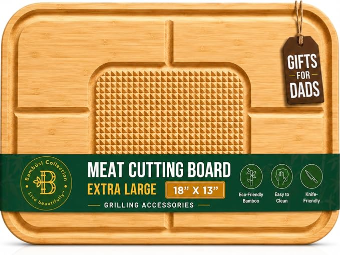 Meat Cutting Board - Extra Large Bamboo Carving Board, 18 x 13 Thick Butcher Block with Deep Juice Groove, Non Slip Center, Reversible Board for Steak, Brisket, Turkey, BBQ Prep Grilling Gifts for Men