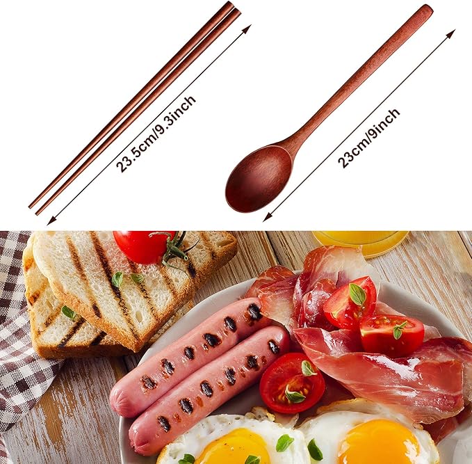 Wooden Spoon and Chopsticks Set Long Handle Spoon Chopstick Flatware Reusable Tableware Combination Utensils for Eating Food, 9.3 Inch (8)