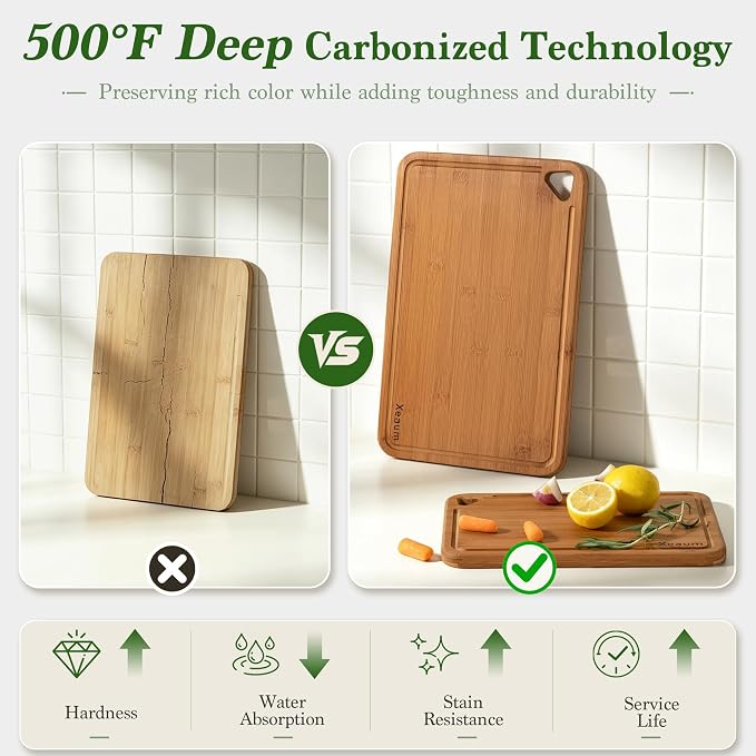 Bamboo Cutting Board for Kitchen, 3-Piece Wooden Cutting Board Set with Juice Grooves, Side Handles, Non-Slip Mats, Reversible Boards for Meat, Vegetables, Fruit, Kitchen Gift