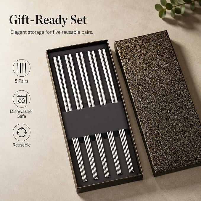 5 Pairs Stainless Steel Chopsticks, 9.25" Metal Set, Non-Slip Tips | 18/8 304 Stainless Steel, 5 Colors, Square Body, Laser-Engraved Tips, Dishwasher Safe, Gift Box