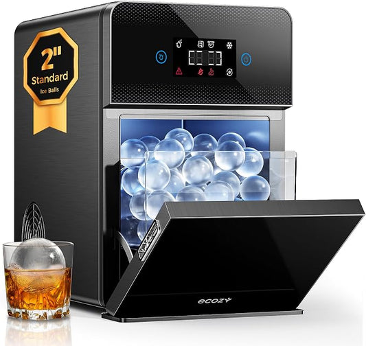 ecozy 2" Clear Ice Ball Maker Countertop with CrystalFlux Technology, 4 pcs in 40 Mins, 144 pcs/Day, Sphere Ice Maker with Automatic Water Supply, Self-Cleaning, Enhanced Insulation for Whiskey Bar