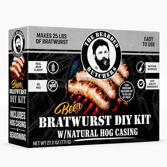 Bearded Butchers Beer Bratwurst DIY Kit, Seasoning & Hog Casing Makes 25 lb | Real beer flavor, 15 oz seasoning & 32-35mm natural hog casings, for pork, beef, venison & wild game, grill or smoke