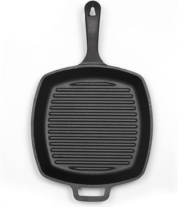 Commercial Chef 10.5-Inch Cast Iron Square Grill Pan, Pre-Seasoned, CHFL75 | Integrated Hanging Hole in Handle, Works on All Cooktops Including Induction, Outdoor Skillet for Campfires