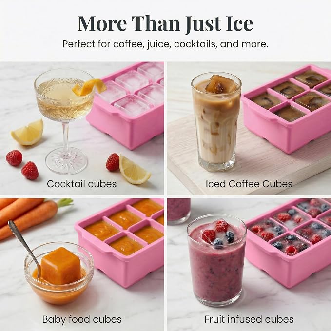 KitchFort® Large Silicone Ice Cube Tray (2-Pack), Easy Release 2" Big Ice Cubes - Cocktail, Whiskey Ice Cubes Mold - Ice Trays for Freezer with Lid - Stackable Silicone Ice Tray - Pink