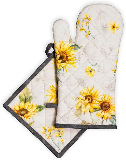 Maison d' Hermine 100% Cotton Oven Mitt & Pot Holder Set (7.5"x13" & 8"x8") | Heat Resistant BBQ Cooking Gloves with Loop Baking Grilling Kitchen Hotel Home Farmhouse Spring Summer - Candice