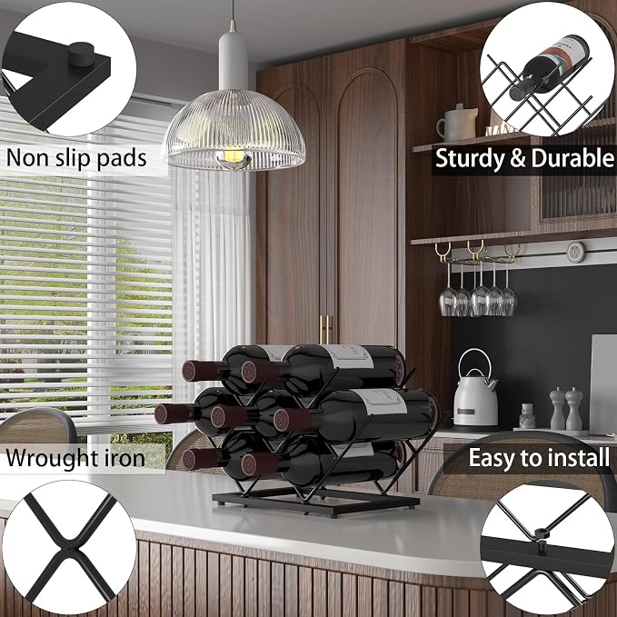 Wine Rack Countertop, Black Metal Wine Bottle Organizer for Home Bar, Kitchen, Cabinet, Pantry, Tabletop Wine Racks for Cup and Water Bottle –7 Bottles Wine Storage Capacity.