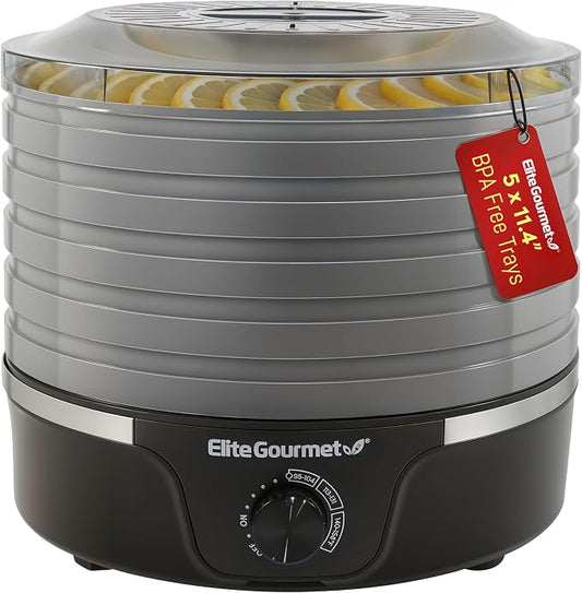 Elite Gourmet EFD319BNG Food Dehydrator, 5 BPA-Free 11.4" Trays, Black/Grey | Adjustable temperature controls - makes jerky, herbs, fruit & veggies into dried snacks - also great for mushrooms