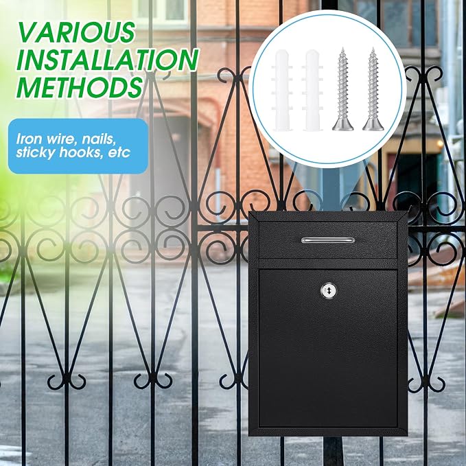 Yaocom Locking Mailbox with Key for Outdoor 12.2 x 8.5 x 3 Inches Large Wall Mount Mail Box with Lock Security Mail Drop Metal Collection Boxes Hanging Secure Postbox(Black)