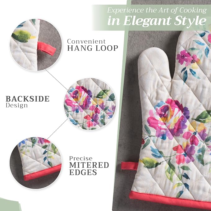 Maison d'Hermine Oven Gloves 100% Cotton Oven Mitt (7" x 13", Pack of 1) | With Loop Heat Resistant BBQ Cooking Gloves Baking Grilling Kitchen Handling Hot Pans Spring Summer - Rose Garden