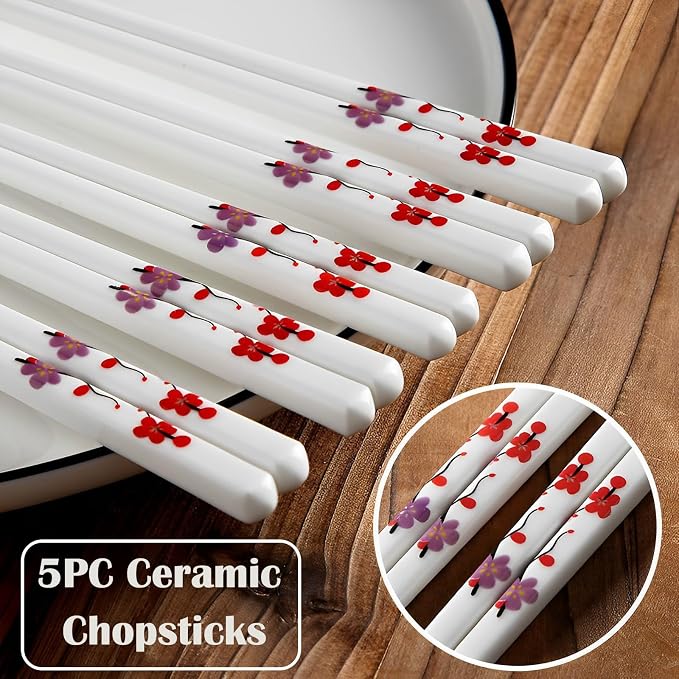 Ceramic Chopsticks Reusable,Porcelain Chop Sticks,Red Plum Blossom 9.7'' | 5 Pairs,Easy to Clean,Dishwasher Safe,Heat Resistant,with a Gift case,Cooking Chopsticks,High-grade Bone China Porcelain