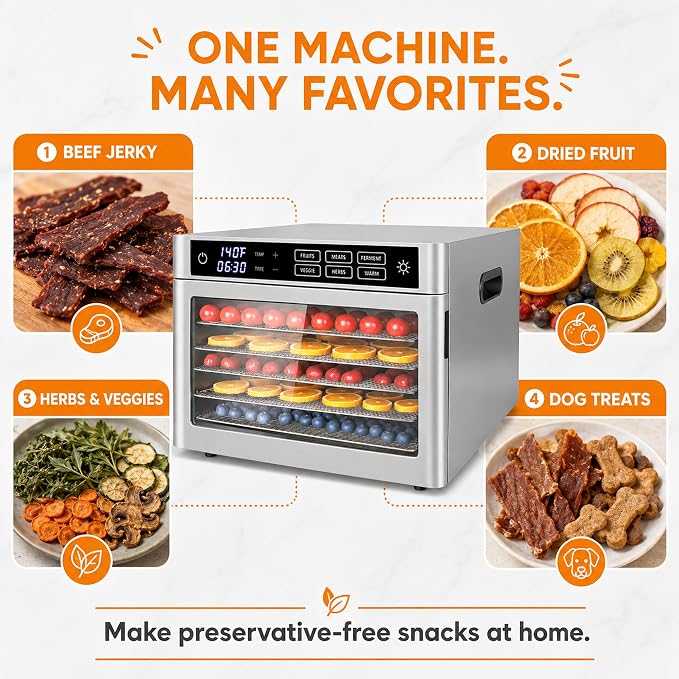 6-Tray Stainless Steel Food Dehydrator | jerky maker fruit dryer herb dehydrator dog treat maker digital food dehydrator countertop dehydrator