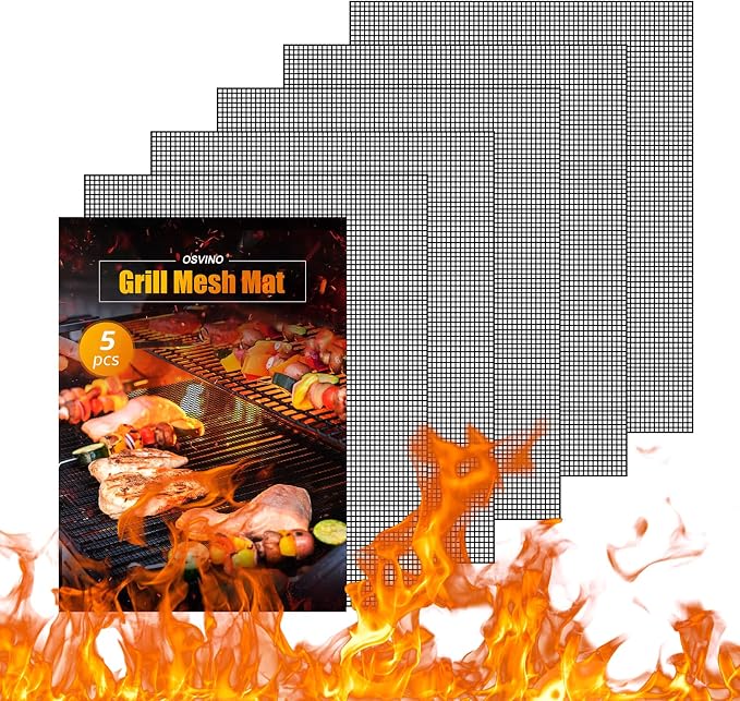 OSVINO Black Grill Mesh Mat 5 Pack Reusable Non-Stick BBQ Grill Mats 16"x12" Outdoor Barbecue Baking Accessories Works on Gas Charcoal Electric Grill for Grilling Meat, Fish, Steak, Vegetables
