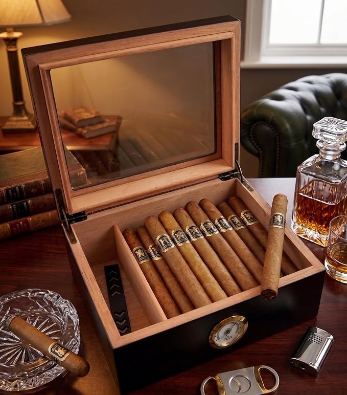 Premium Cigar Humidor - Holds 25-50 Cigars, Spanish Cedar Wood with Ebony Black Finish, Shatter-Resistant Glass Top, Built-In Hygrometer, Humidifier & Divider Included - 10.25" x 8.75" x 4.5"