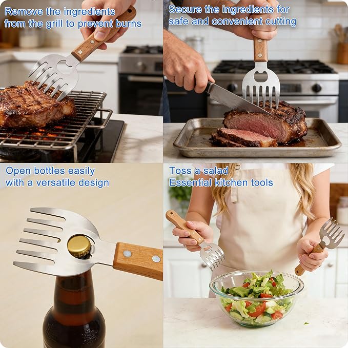 Stainless Steel Meat Shredder Claws with Wooden Handles | Built-In Bottle Opener, Heavy-Duty BBQ Tool for Shredding Pulled Pork, Chicken, Turkey and Beef Easily