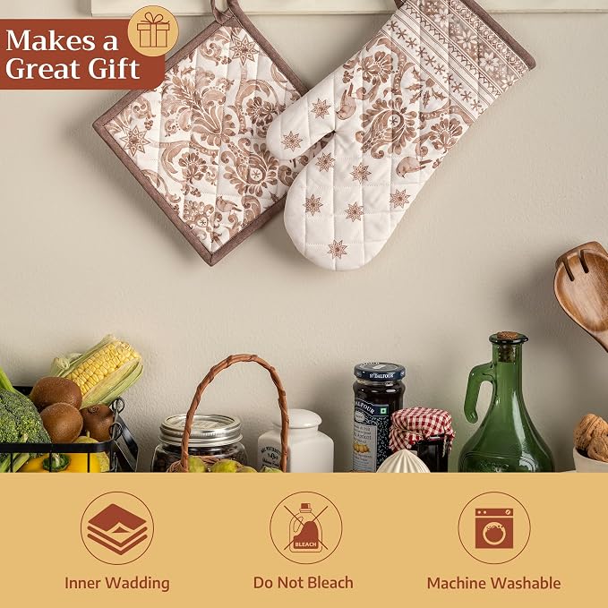 Maison d' Hermine 100% Cotton Oven Mitt & Pot Holder Set (7.5"x13" & 8"x8") | Heat Resistant BBQ Cooking Gloves with Loop Baking Grilling Kitchen Hotel Home Farmhouse Thanksgiving Christmas - Allure