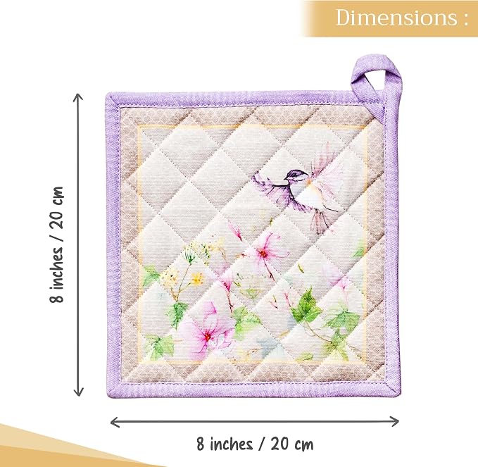 Maison d' Hermine Pot Holders 100% Cotton Potholders (8" x 8", Pack of 1) | Heat Resistant Hot Pads with Loop BBQ Cooking Baking Farmhouse Kitchen Handling Hot Pans Spring Summer - Magnolia Mornings