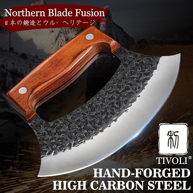 TIVOLI Hand Forged Ulu Knife - Mezzaluna Rocker Knife - Pizza Cutter | Anti-stick Pounding Texture, Full Tang, Rosewood Handle, Belt Sheath, Gift Box, for Kitchen, Camping, BBQ