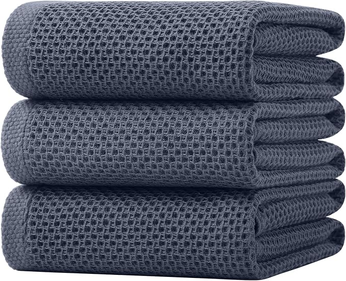 Homaxy 100% Cotton Oversized Waffle Weave Kitchen Towels, 3-Pack, Dark Grey | 20 x 28 Inches, Ultra Soft Absorbent Dish Towels, Quick Drying Large Cleaning Towels