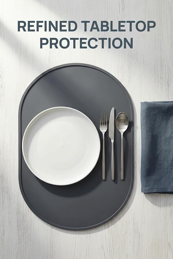 Oval Silicone Placemats Set of 4, 15.8 x 10.5in, Table Protector, Gray | Food-grade Silicone , Non-slip , Raised Edge Heat Resistant, Easy Clean , Compact Size, for Dining Table