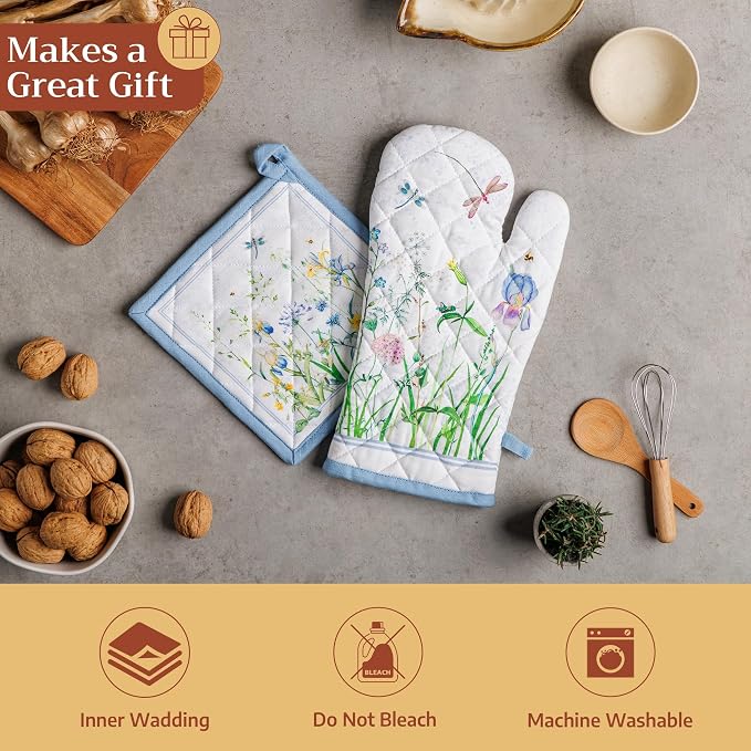Maison d'Hermine Oven Gloves 100% Cotton Oven Mitt (7" x 13", Pack of 1) | With Loop Heat Resistant BBQ Cooking Gloves Baking Grilling Kitchen Handling Hot Pans Spring Summer - Fleurs De Mai