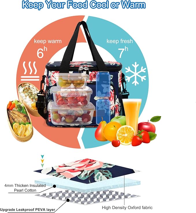 Lunch Bags for Women/Men, Insulated Lunch Bag for Work Office Picnic - Large Lunch Cooler Bag Leakproof Lunch Box with Adjustable Shoulder Strap for Adults - Floral