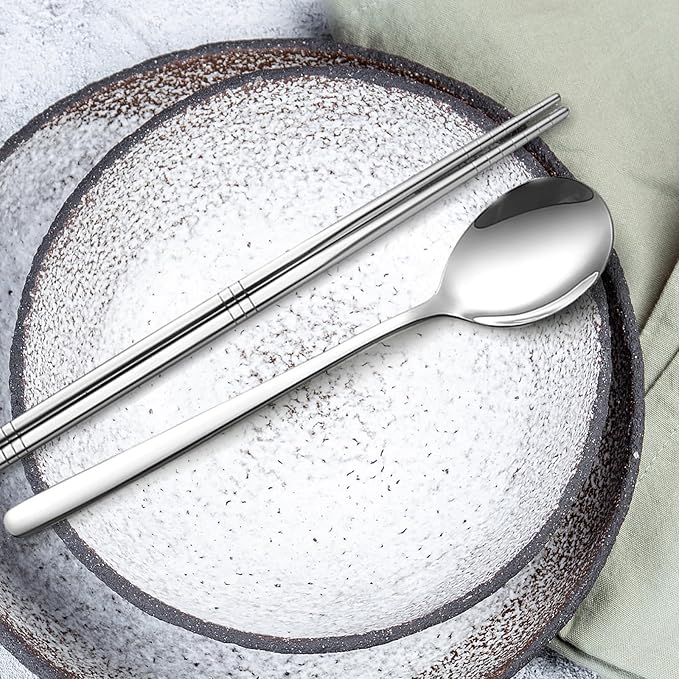Chopsticks and Spoon Set, 3 Pairs Stainless Steel Metal Chopsticks Spoons, 3 Sets Korean Long Handle Spoons and Chop Sticks Reusable for Home, Kitchen or Restaurant