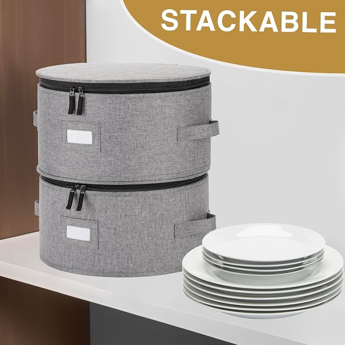 Stack Store Plus More Set of 4 China Storage Cases for Dinnerware - Hard Shell and Stackable - Sizes: 12" - 10" - 8.5" and 7" W - 48 Plate Separators Included