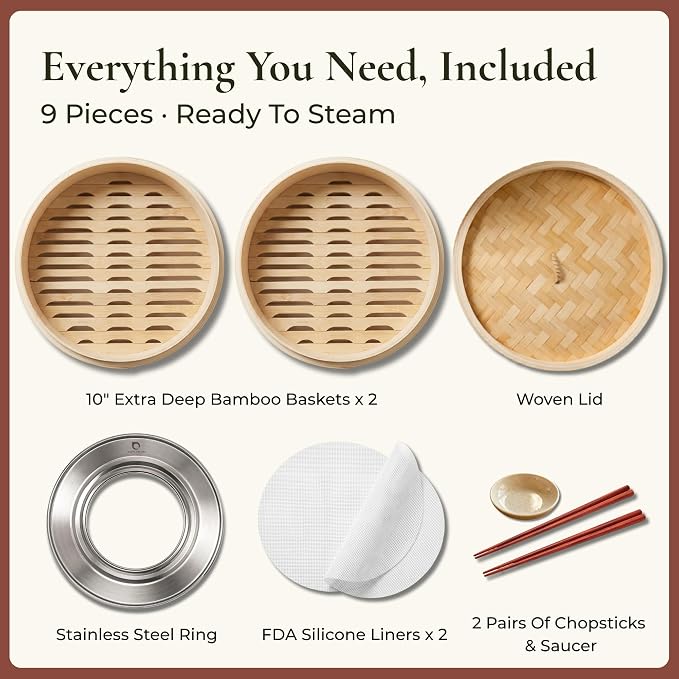 Bamboo Steamer Basket 10 Inch, Extra Deep Dumpling Steamer Set | Incl. Silicone Liners & Steel Ring, Steam Basket For Pot & Wok. Vegetable & Food Steamer For Dim Sum, Bao Buns
