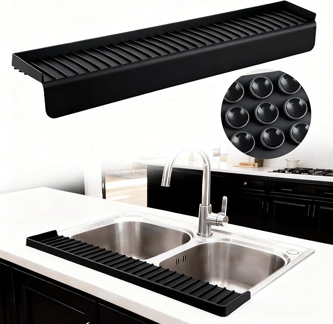 Silicone Sink Edge Protector Splash Guard,Sink Granite Edge Protector,20x4 Inch with Suction Cups & 5°Tilt, Cuttable for Kitchen Bathroom Countertops, Granite Quartz Surfaces (Black)