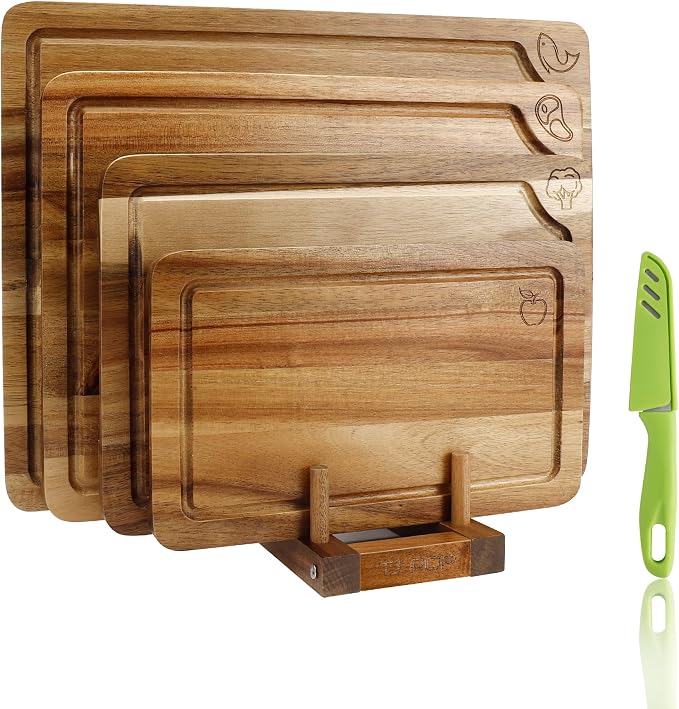 Labeled Cutting Board Set of 4, Wood Chopping Boards with Food Icons | Charcuterie Board Serving Tray with Juice Groove & Handles, Ideal for Meat, Vegetables, Fruits, Cheese