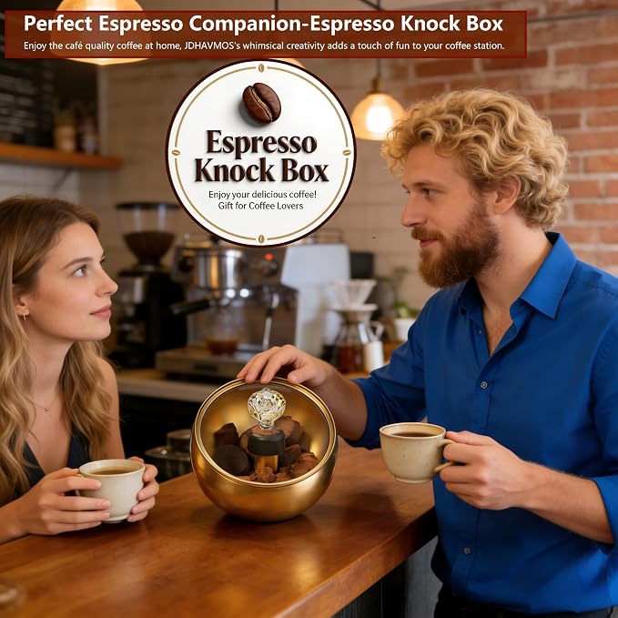Espresso Knock Box with Glass Lid, Magnetic Knock Bar, Shock-Absorbing Base – Holds 20 Pucks (Gold) | Large Capacity, Stainless Steel ,Coffee Knock Box