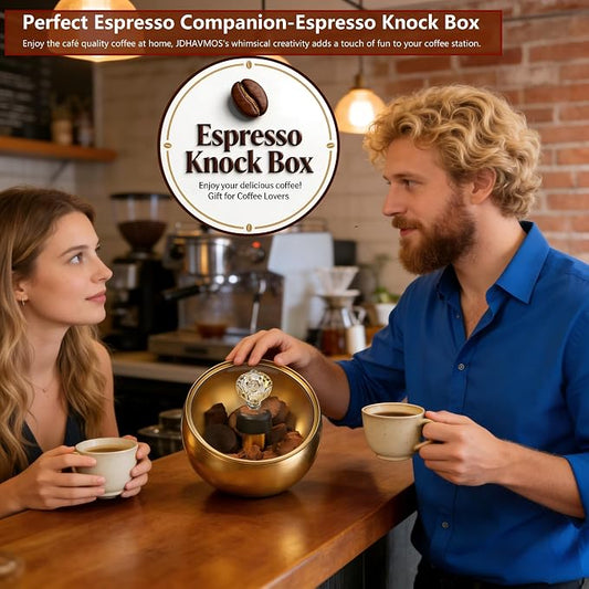 Espresso Knock Box with Glass Lid, Magnetic Knock Bar, Shock-Absorbing Base – Holds 20 Pucks (Gold) | Large Capacity, Stainless Steel ,Coffee Knock Box
