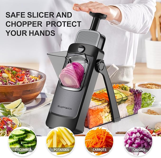 SupMaKin 8 IN 1 Upgraded Safe Mandoline Slicer,Multi Vegetable Chopper,Potato Slicer, Onion Chopper with Drain Basket Storage Container, Cheese Grater Kitchen Chopping Artifact (Black)