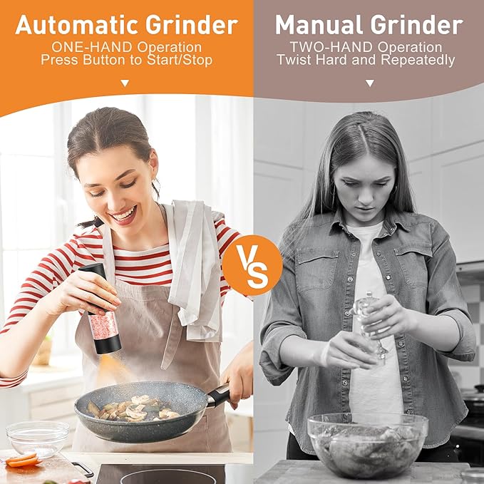 Rechargeable Electric Salt and Pepper Grinder Set, Automatic Salt and Pepper Shakers, Adjustable Coarseness Pepper Grinder with Led Kitchen and Home Appliances Gifts for Women(Blackblack)
