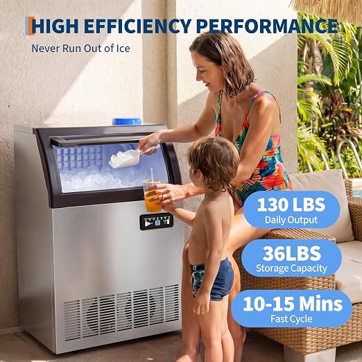 Commercial Ice Maker Machine 130 lbs/24h with 36 lbs Storage Capacity,Built-in/Freestanding Ice Maker with LED Display & Self-Cleaning, ETL Certified for Home Bar Restaurant
