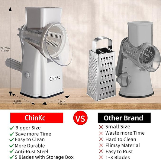 Rotary Cheese Grater Shredder - Upgraded 5 in 1 Cheese Grater with Handle and Strong Suction Base, Multi-purpose Julienne Slicer Ice Shaver Nuts Grinder for Ice, Vegetables, Fruit, Nuts