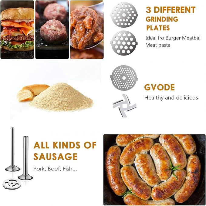 GVODE Stainless Steel Meat Grinder Attachment for KitchenAid Stand Mixer, Meat Grinder for KitchenAid Includes 4 Grinding Plates & 3 Sausage Tubes, Dishwasher-Safe Design with Sausage Stuffer Kit | Meat Grinder for KitchenAid Includes 4 Grinding Plates...