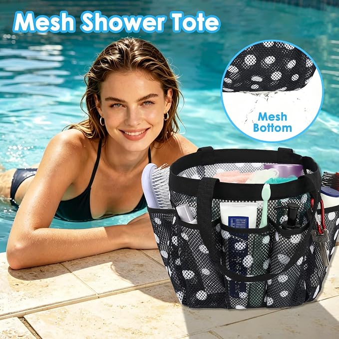 Fammart Mesh Shower Caddy Portable for College Dorm Room Essentials, Odorless Polyester Large Shower Tote Bag with Dual Handles, 8-Pocket Quick-Dry Toiletry Organizer for Travel, Beach, Camping, Gym