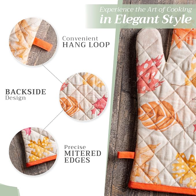 Maison d'Hermine Oven Gloves 100% Cotton Oven Mitt (7" x 13", Pack of 1) | With Loop Heat Resistant BBQ Cooking Gloves Baking Kitchen Handling Hot Pans Thanksgiving Christmas - Colours Of Autumn