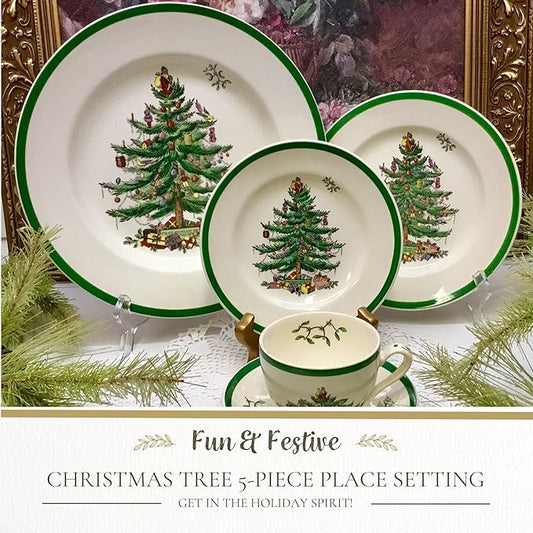 Spode Christmas Tree 5-Piece Place Setting - Festive Earthenware Tableware with Plates, Teacups, Saucers - Microwave, Dishwasher Safe - Christmas Dinnerware & Holiday Tableware