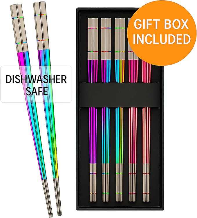 Albino Monkey Metal Chopsticks Reusable, 5 Pairs - Rainbow Iridescent Holographic Stainless Steel Chopsticks - Dishwasher Safe, Non-Slip, Extra Long 9" - Multicolor Japanese Sushi Gift Set