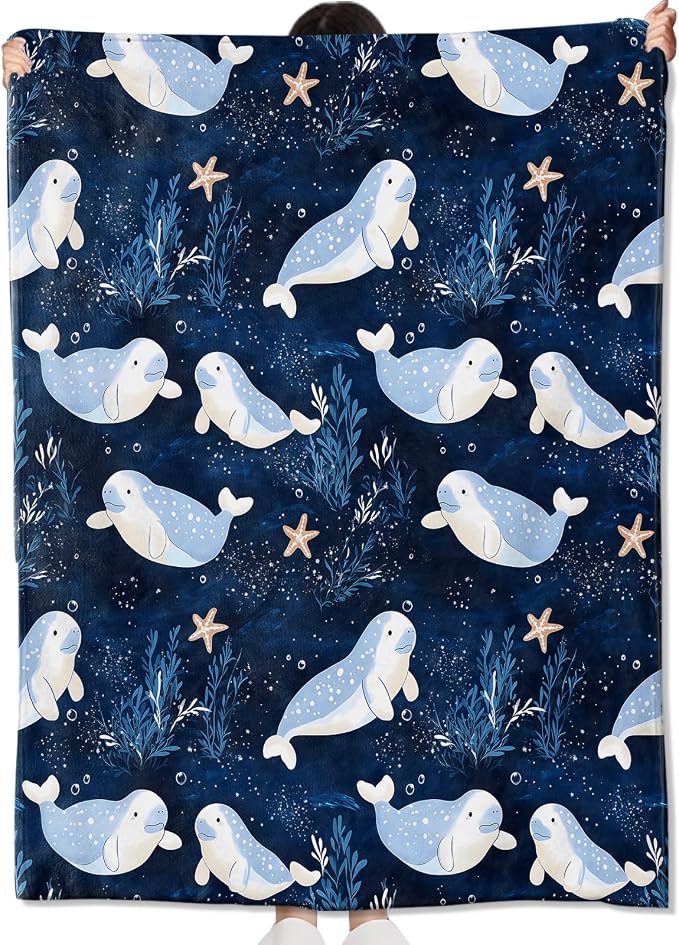 Cartoon Manatee Blanket Gifts for Kids Girls Women,Cute Ocean-Themed Navy Blue and White Throw Blankets,Soft Comfy Lightweight for Room Couch Bed Modern Stylish Decor,Sea Life Lover 60x50in