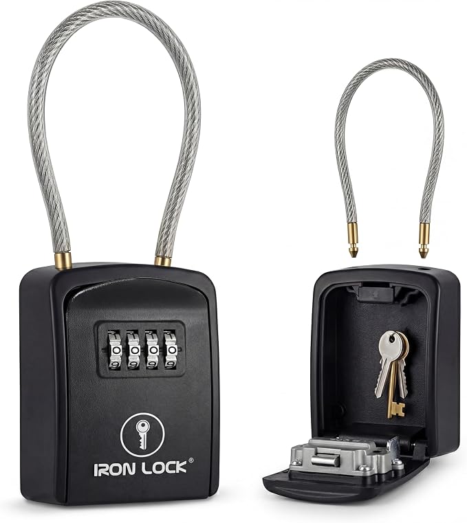 Iron Lock® Key Lock Box with Code, Portable Cable Shackle (Small, Black) | Holds 2-3 house keys or an access card; 11-in steel cable loops on gate or rail; weather-resistant; no app or battery