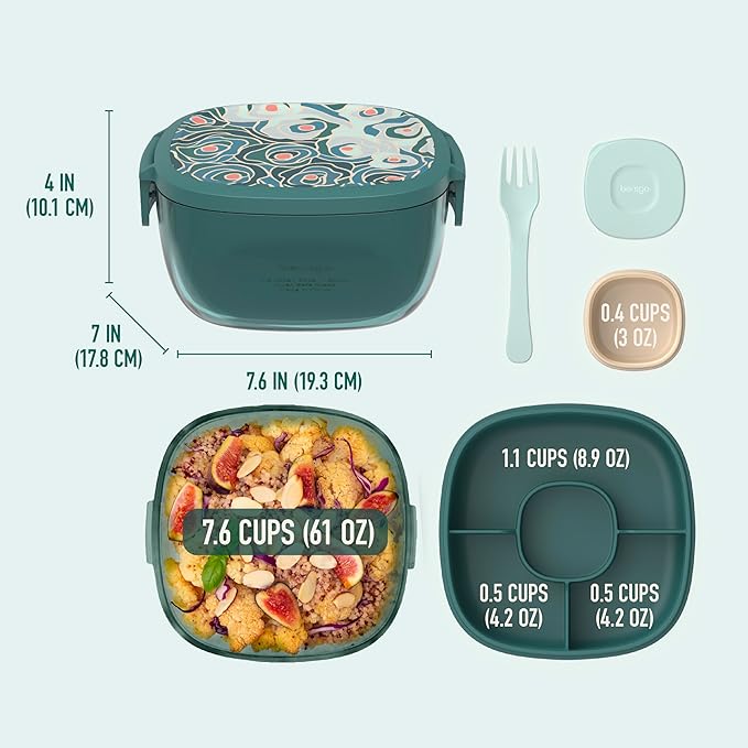 Bentgo Glass Prints All-in-One Salad Container - 61oz Tinted Glass Salad Bowl with Lid, Bento-Style Tray, Sauce Container, & Reusable Fork - Dishwasher & Microwave Safe (Floral Maximalist - Sea)