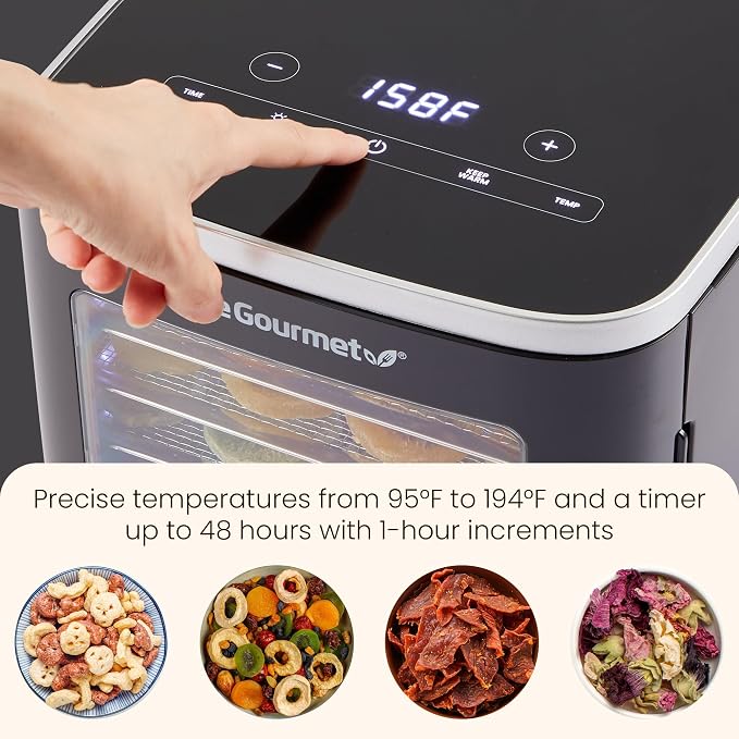 Elite Gourmet 5-Tray Digital Food Dehydrator with Stainless Steel | Adjustable Temp & Timer, Keep Warm, Light, Black, EFD809D