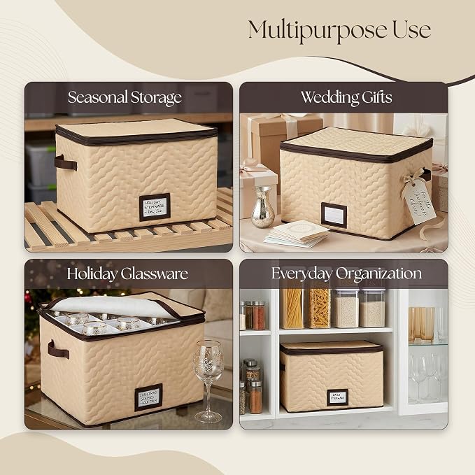 Wine Glass Storage Box with Dividers, Holds 12 Glasses up to 3.75" Wide | 2 Pack, Stemware Storage Case, Protects Fine China, Durable Quilted Microfiber, Carry Handles, Ideal for White Wine