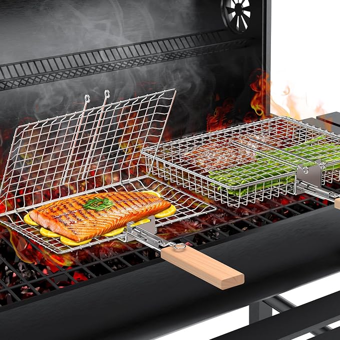 Fish Grill Basket Set, Removable Wooden Handle, Nesting BBQ Tools | 304 Stainless Steel, Smoker Grilling Accessories for Vegetable, Outdoor Cooking Camping, Birthday Gifts for Men Dad Husband