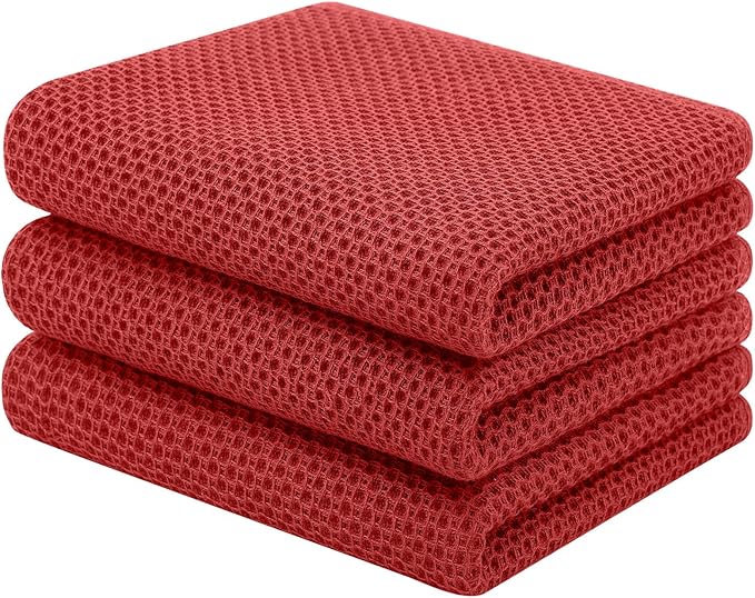 Homaxy 100% Cotton Waffle Weave Kitchen Towels, 3-Pack, Brick Red | 13 x 28 Inches, Ultra Soft Absorbent Dish Towels, Quick Drying Cleaning Towels