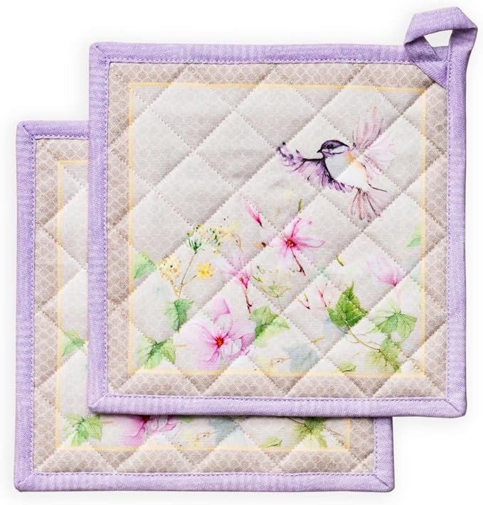 Maison d' Hermine Pot Holders 100% Cotton Potholders (8" x 8", Pack of 2) | Heat Resistant Hot Pads with Loop BBQ Cooking Baking Farmhouse Kitchen Handling Hot Pans Spring Summer - Magnolia Mornings